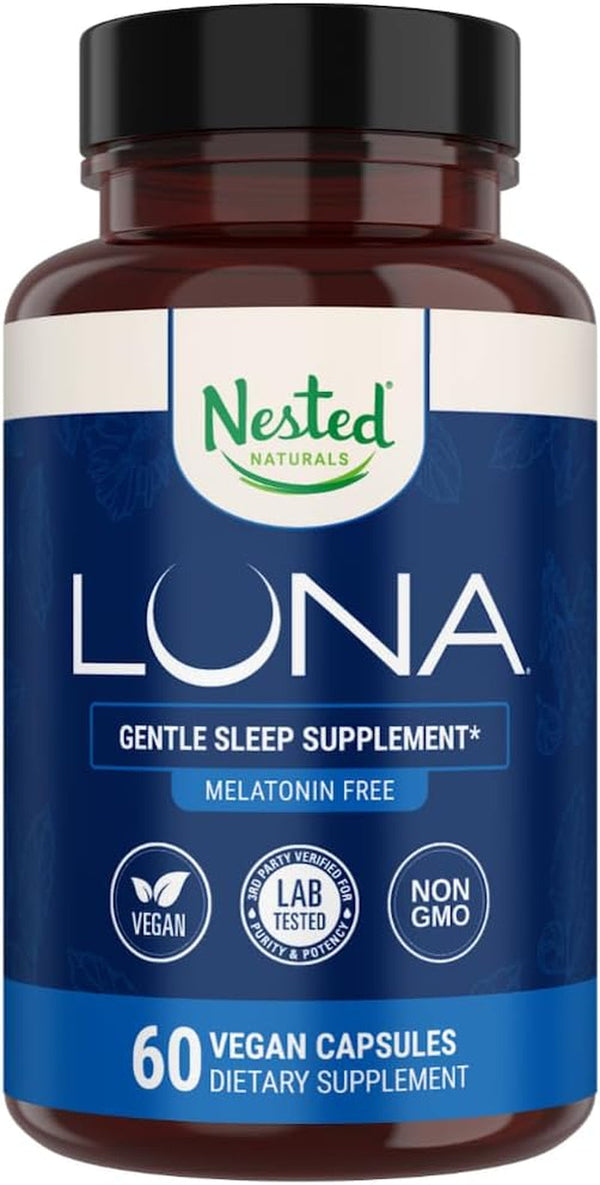 Nested Naturals Luna Sleep Supplement, Melatonin Free, Non-Habit Forming Herbal Sleep Supplement, Adult Bedtime Support, Help Sleeping W/Chamomile, Valerian, L-Theanine, 60 Vegan Capsules