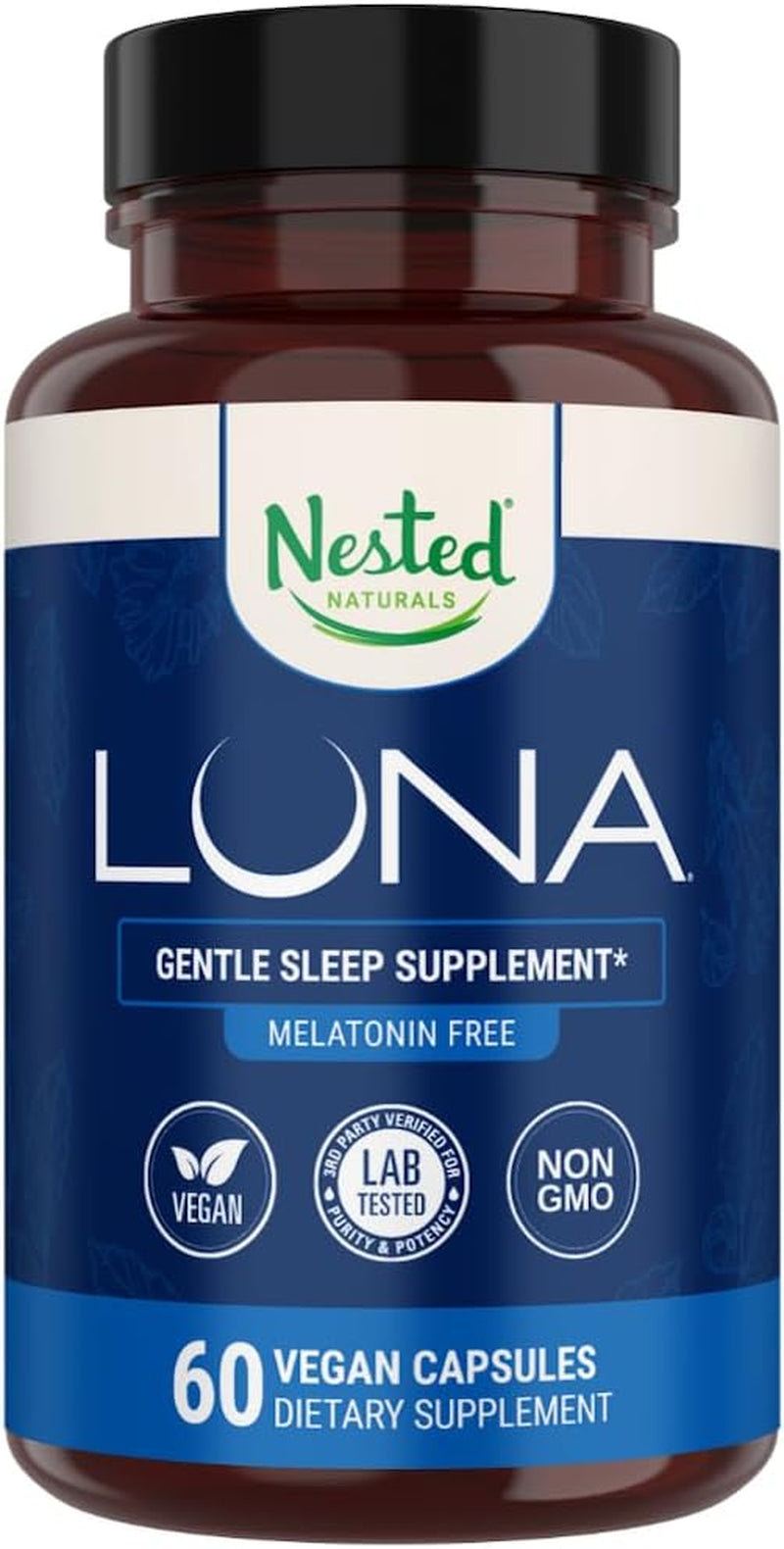 Nested Naturals Luna Sleep Supplement, Melatonin Free, Non-Habit Forming Herbal Sleep Supplement, Adult Bedtime Support, Help Sleeping W/Chamomile, Valerian, L-Theanine, 60 Vegan Capsules