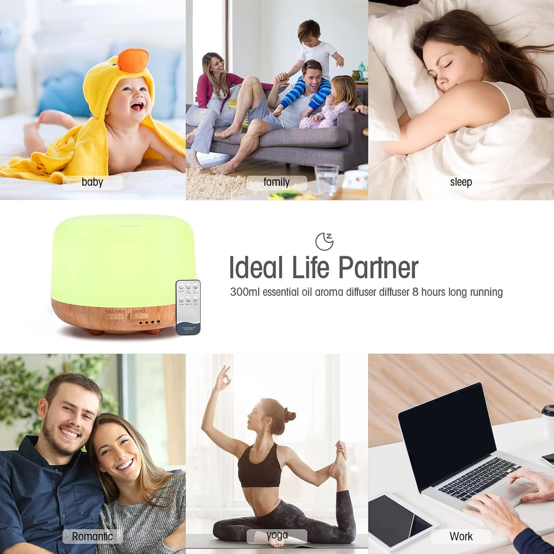 Aromatherapy Essential Oil Home Diffuser with Remote Control, 300ML Large Room Cool Mist Air Humidifier, 8 Hours Quiet Operation, Timer, 7 Colors LED Night Night，Suitable Home,Yoga.