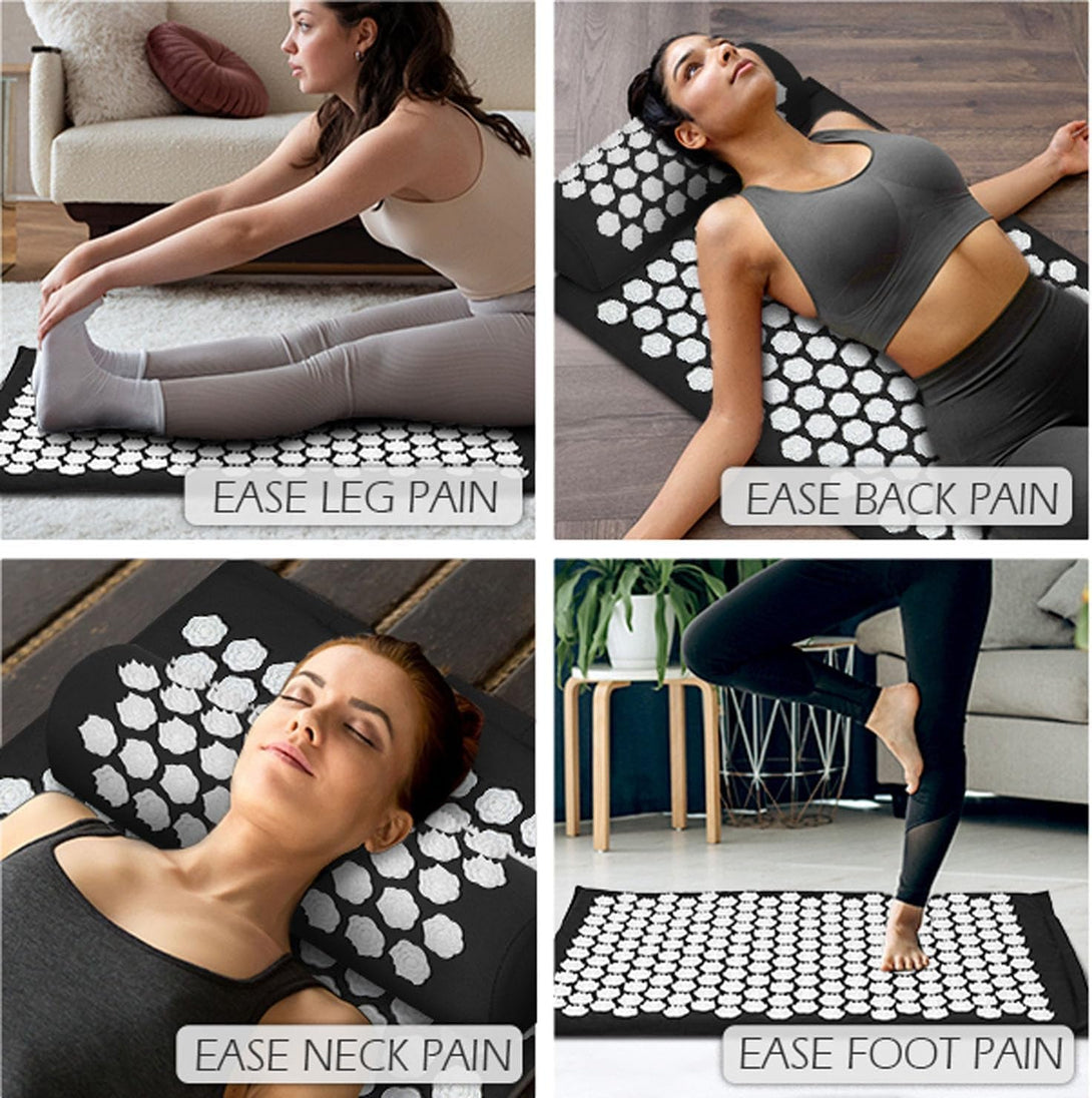 Acupressure Mat Set, Acupuncture Point Massage Pillow, Relieving Back and Neck Pain, Muscle Relaxation and Stress Reduction, Sciatica Relief, Suitable for Men and Women, Black White