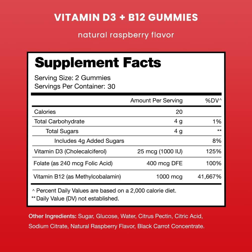 Nutrachamps Vitamin D3 & B12, Methyl B12 Gummies for Adults & Kids, Enhanced with Vitamin D 3 & B9 Vitamin Folate, Natural Energy, Mood, Metabolism & Focus, Raspberry, 60 Gummies