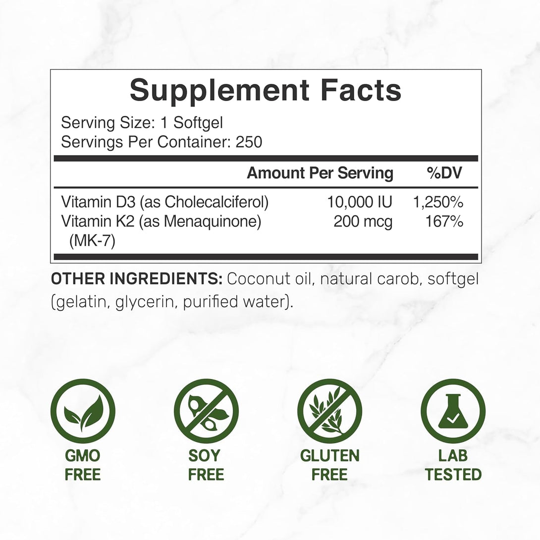 DEAL SUPPLEMENT Vitamin D3 10,000 IU + K2 MK7 200 Mcg, Infused with Virgin Coconut Oil, 250 Softgels, Double Strength Vitamin D & K, Promotes Heart, Bone & Teeth Health - Very Easy to Swallow