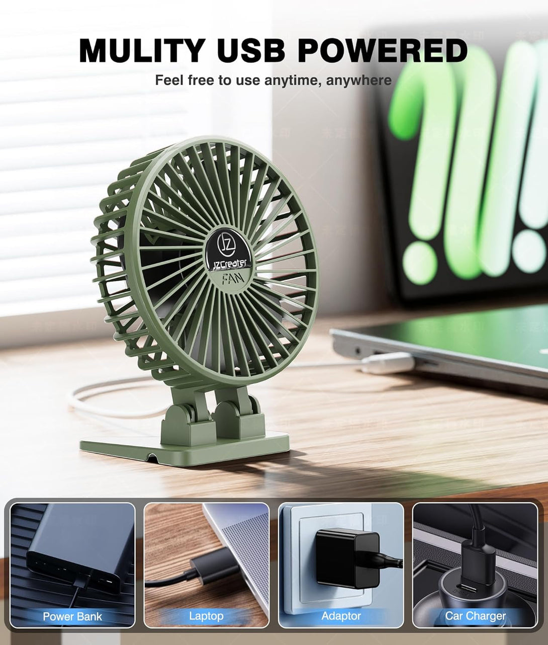Jzcreater USB Desk Fan, Mini Fan Portable, 3 Speeds Desktop Table Cooling Fans, Plug in Power Fans, Rotation Strong Wind, Quiet Personal Small Fan for Home Desktop Office Travel Bedroom, Army Green