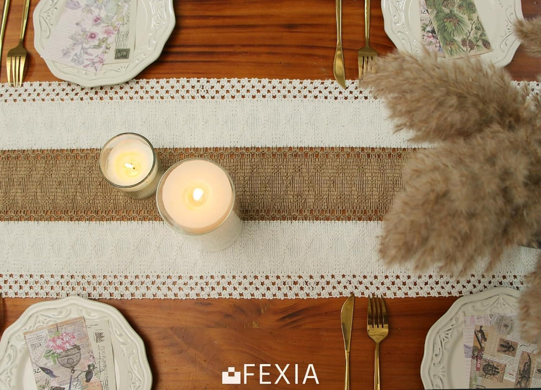 FEXIA Boho Table Runner for Summer Home Decor with Tassels 72 Inches Long Farmhouse Rustic Table Runner Macrame Burlap Table Decoration for Living Room Bridal Shower(12X72 Inches)