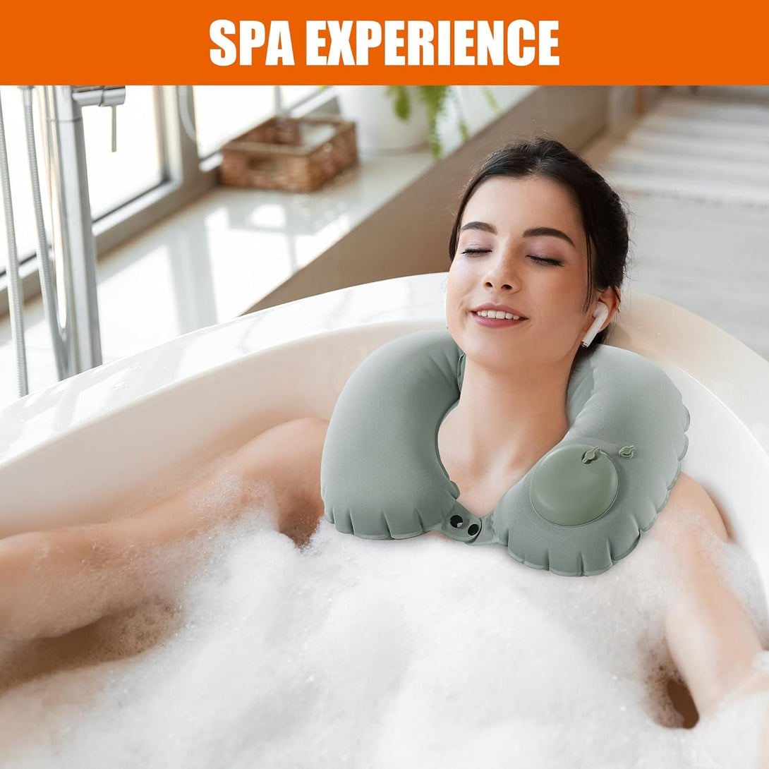 MABOZOO Inflatable Bath Neck Pillows for Tub & Shower - Head & Neck Support, Grey U-Shaped Travel Pillow for Airplane