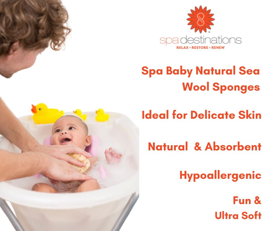 Spa Baby Absorbent Natural Bath Sponge Spa Destinations. Ultra Soft Premium Sea Wool Sponge, Biodegradable, Bath Accessories Baby and Kids, Infant Bath. Two (2) Pack 3-4 Inch for Moms