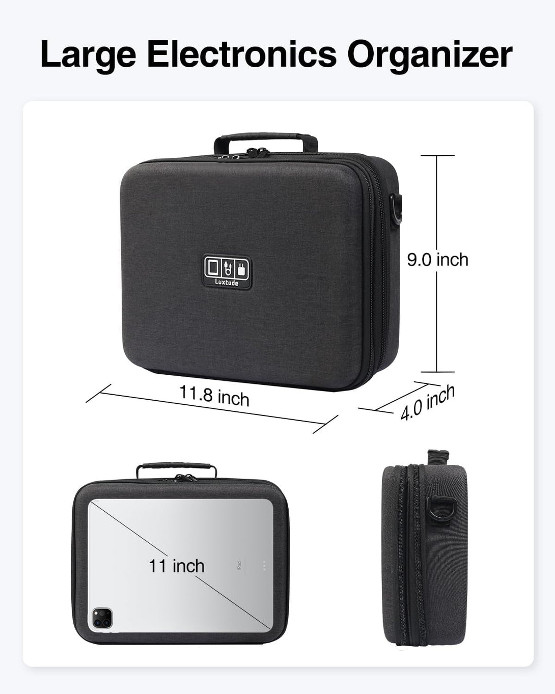 Luxtude Electronic Organizer Travel Case Large, Hard Case for Electronics, EVA Tech Organizers, Travel Cable Bag with Shoulder Strap, Charger Organizers Carrying Cases for Ipad(Up to 11’’)