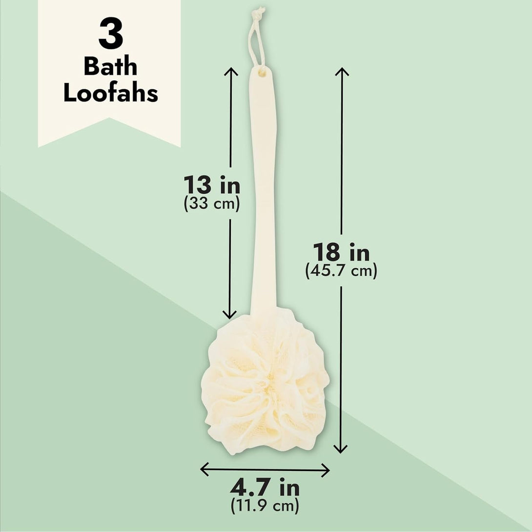 3 Pack Long Handled Loofah Back Scrubber, Exfoliating Body Sponge for Shower, Bath (18 In)