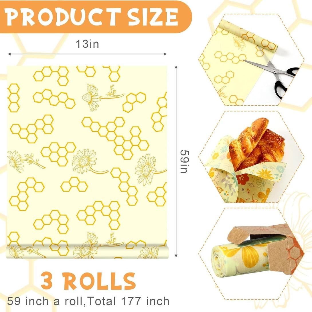 3 Rolls Reusable Beeswax Food Wraps 13'' X 59'' Eco Friendly Sustainable Beeswax Food Storage Wrap Honeycomb Floral Organic Cotton Food Wrap for Bread Sandwich Cheese Fruit