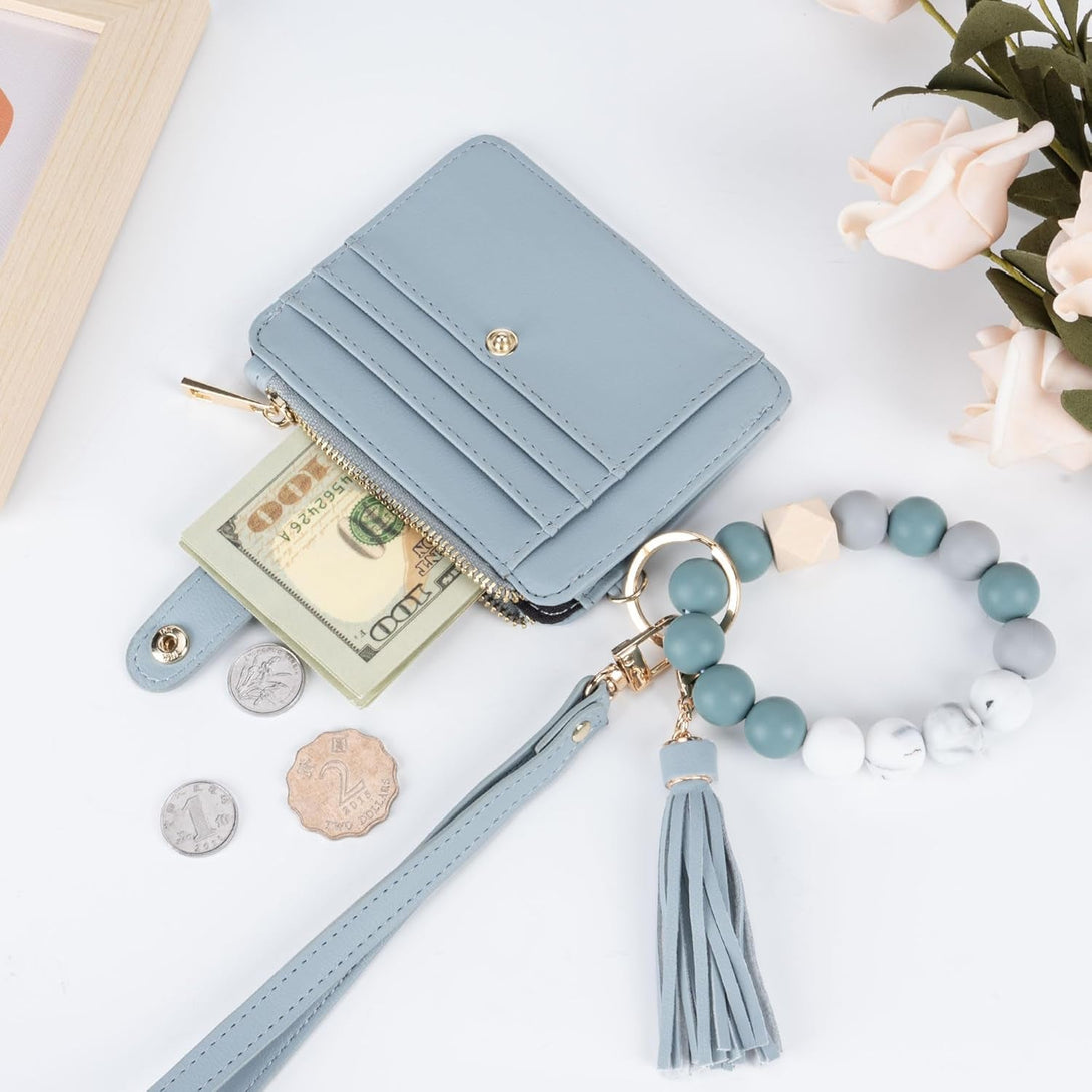 Keychain Wallet with Bracelet RFID Blocking Wristlet Credit Purse Card Holder, Silicone Bead Tassel Key Ring for Women