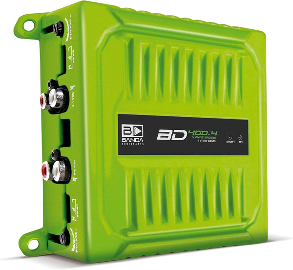 BD400.4GREEN Four Channel 4 X 100 Watt Rms Full Range Car Audio Amplfier 4 Ohms Bridged with Optional Use Low or High Pass Filters Green