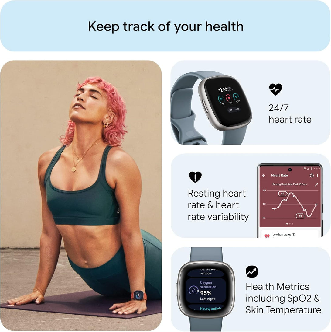 Fitbit Versa 4 Fitness Smartwatch with Daily Readiness, GPS, 24/7 Heart Rate, 40+ Exercise Modes, Sleep Tracking and More, Waterfall Blue/Platinum, One Size (S & L Bands Included)