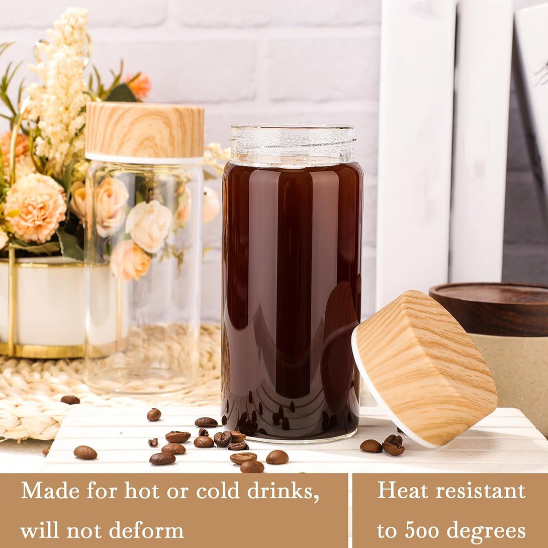 Nuogo 6 Pack Glass Bottles with Lids 12 Oz Juicing Bottles Reusable Wide Mouth Glass Cups Airtight Leak Proof Drinking Milk Water Tea Cups for Storage(Wood)