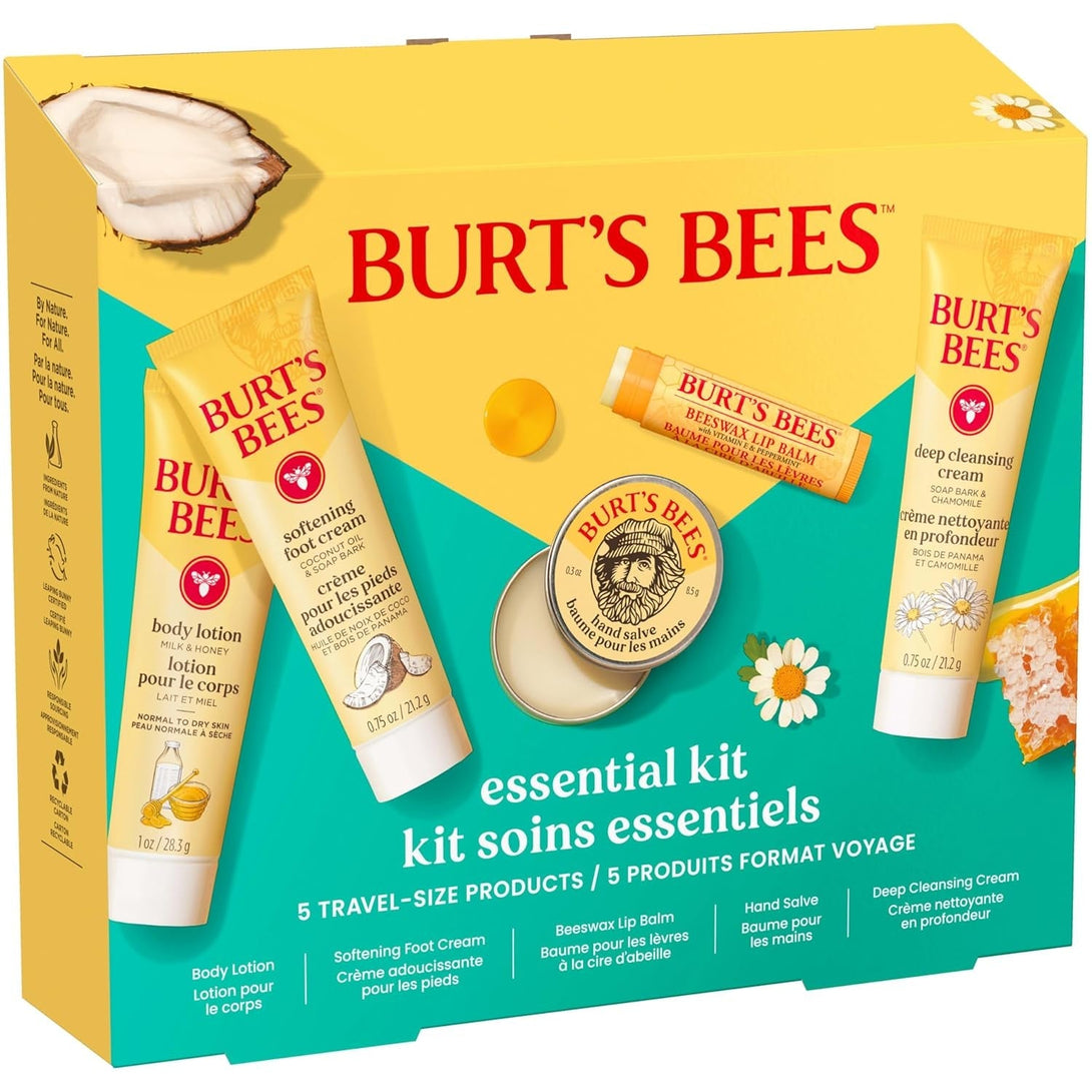 Burt'S Bees Gift Ideas - Essentials Everyday Set, 5 Travel Size Products - Deep Cleansing Cream, Hand Salve, Body Lotion, Foot Cream and Original Lip Balm