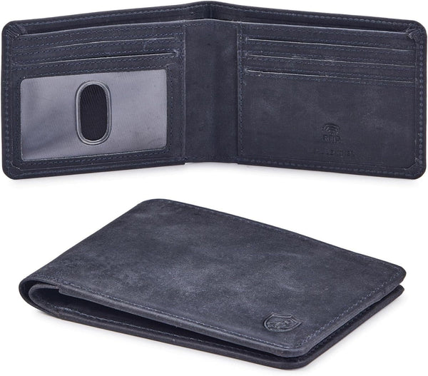 Wallet for Men Bifold Real Leather RFID Blocking Front Pocket Ultra Slim & Thin Stylish Minimalist with ID Window in Gift Box (Crazy Horse, Navy)