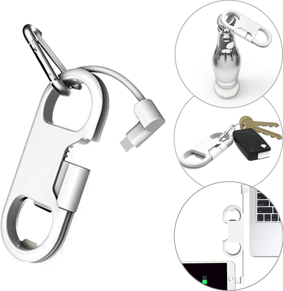 Iphone Charge Lightning Cable + Keychain + Bottle Opener + Aluminum Carabiner,Portable Multifunction Keychain Bottle Opener USB Charging Cord Short Cable for Iphone X/8/7/6S,Gift for Men Women(White)