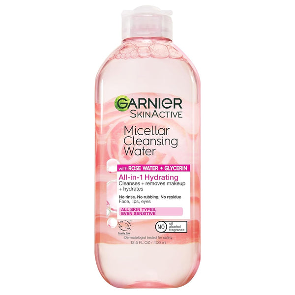 Garnier Micellar Water with Rose Water and Glycerin, Hydrating Facial Cleanser & Makeup Remover, for All Skin Types, Vegan, Cruelty Free, 13.5 Fl Oz (400Ml), 1 Count