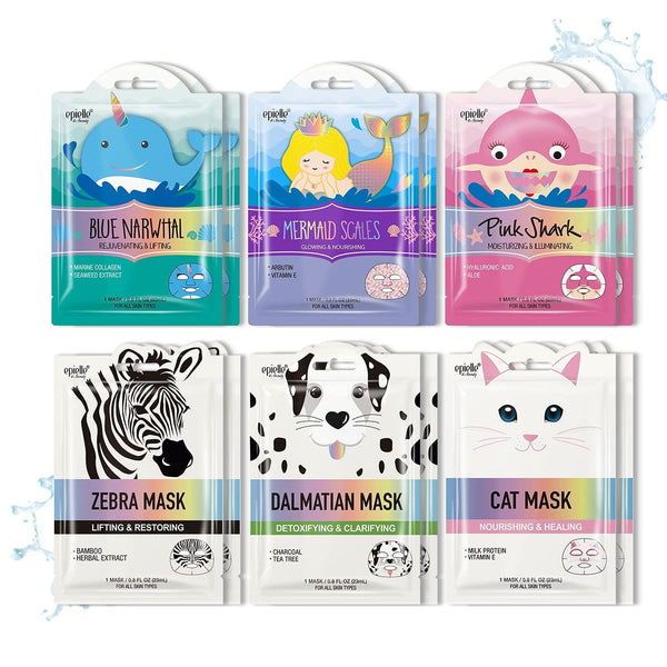Epielle Character Sheet Masks | Dalmatian, Zebra, Cat, Shark, Narwhal, Mermaid Scale | Animal Spa Mask Korean Beauty Mask -For All Skin Types, (Pack of 12) | Birthday Party Gift for Her Kids, Spa Day
