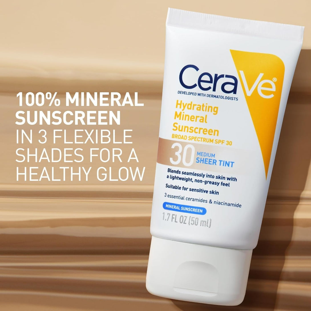 Cerave Hydrating Mineral Sunscreen SPF 30 with Sheer Tint, Tinted Mineral Sunscreen with Zinc Oxide & Titanium Dioxide, Blends Seamlessly for Healthy Glow, Light, 1.7 Oz