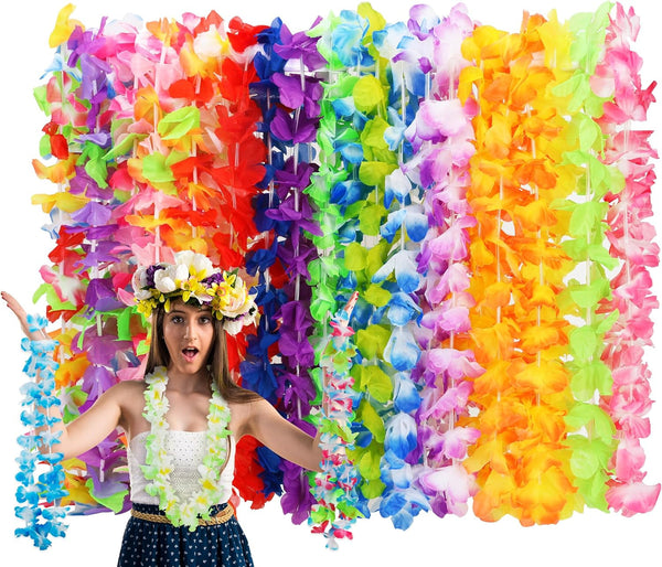 24Pcs Leis for Luau Party, Hawaiian Leis Bulk Decorations Silk Flower Necklace, Colorful Tropical Hawaiian Bulk Hula Dance Party Decor, Flower Leis Summer Beach Pool Party Decorations Favors Supplies