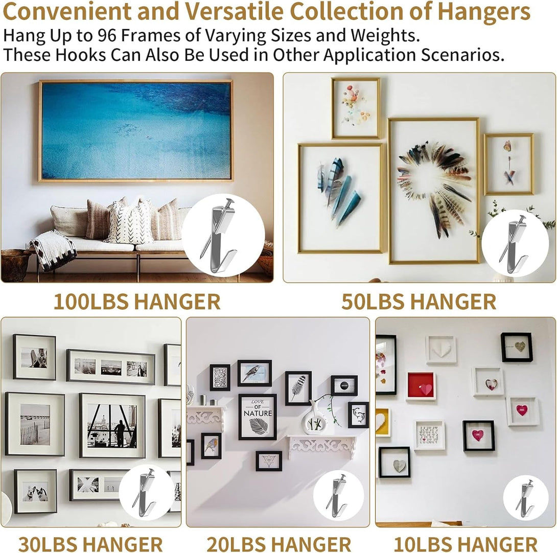 202 PCS Frame Hanger Kit, 10Lb, 20Lb, 30Lb, 50Lb&100Lb Picture Hanging Hardware Kit, Picture Hanging Tool, Pcture Hangers,Picture Frame Hanging Kit, Picture Hooks for Pictures, Canvas, Mirror (Silver)