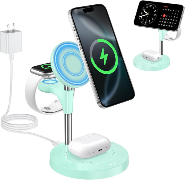3 in 1 Wireless Charging Station for Multiple Devices Apple, 15W Fast Magnetic Mag-Safe Charger Stand for Iphone 16 15 14 13 12 Pro Max plus Mini Apple Watch Airpods Pro 4 3 2, Lightgreen