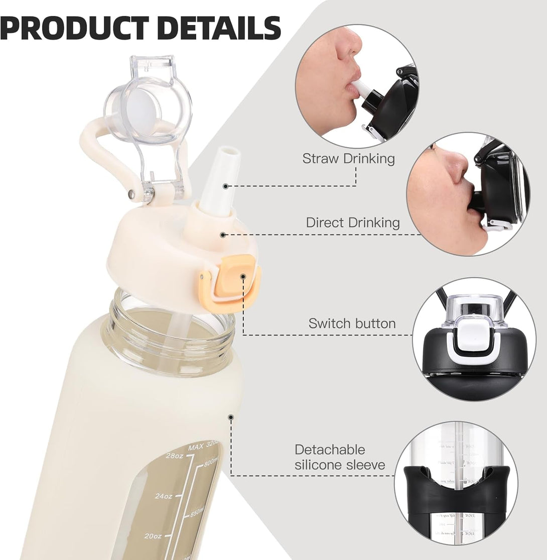 32 Oz Glass Water Bolttles with Straw Large Motivational Water Bottle with Time Marker Sports Water Bottles with Silicone Sleeve and Handle Lid Water Jug for Gym Workout