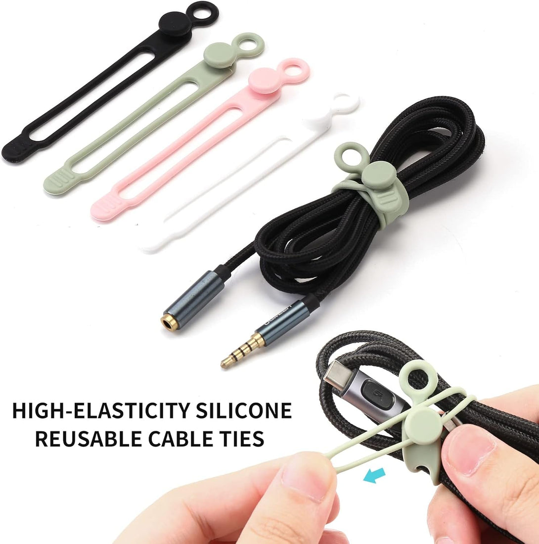 [20Park]Umust Silicone Cable Ties,Reusable Cable Management Organizer, Multipurpose Elastic Cord Organizer for Bundling and Fastening Cable Cords Wires(Black,White,Pink,Green)