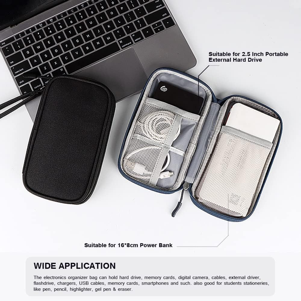 Electronics Carrying Pouch Case Bag - Cable Charger Organizer Travel Shockproof Cord for Cellphone, Earphone, Powerbank, USB Hard Drive, SD Card, Memory Cards, Cables, External Driver (A-S-Navy)
