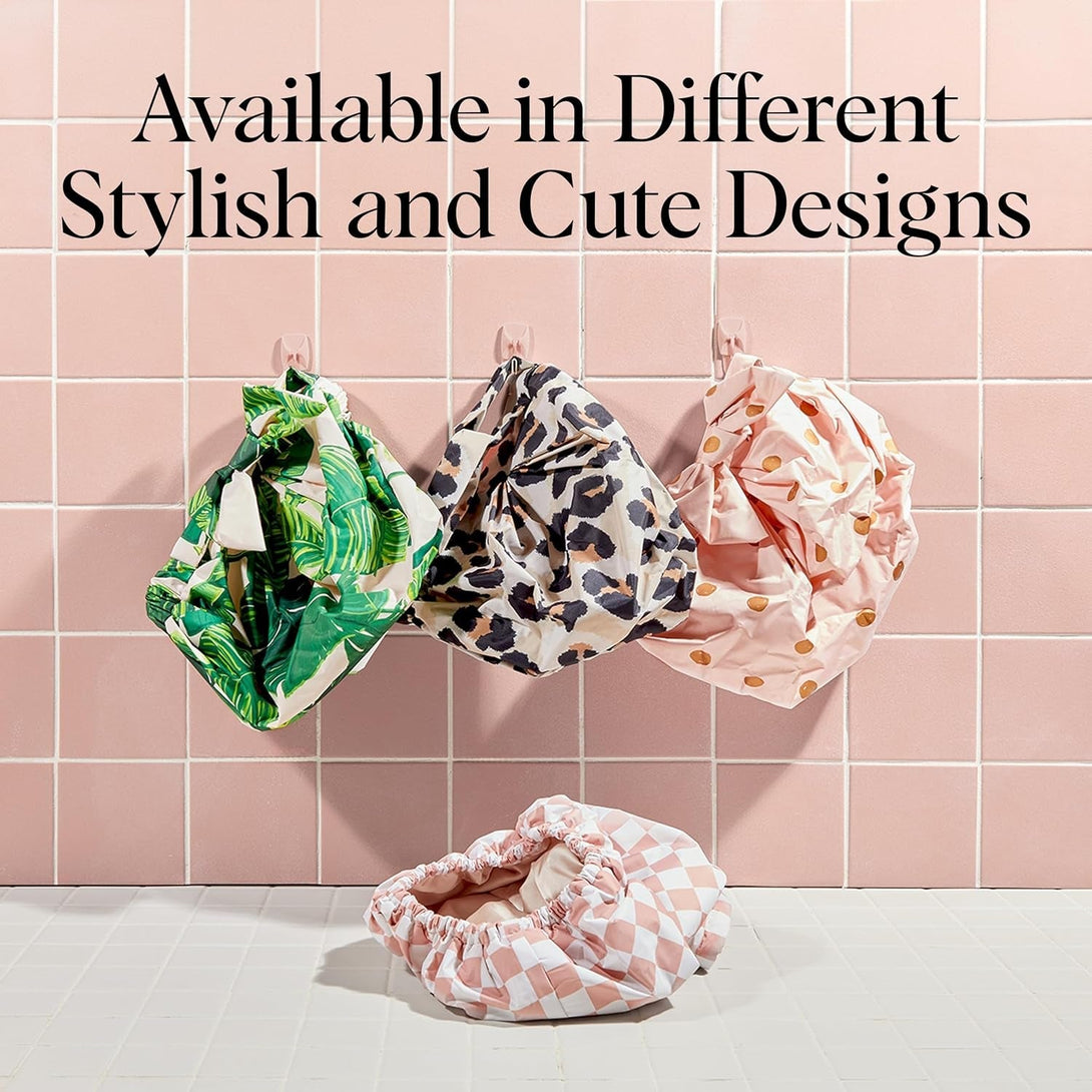 Kitsch Luxury Shower Caps for Women Reusable Waterproof - Flexi Satin Lined, Large Shower Cap for Men, Non-Slip, Quick-Dry, Adjustable, Stylish Hair Cap for Long & Short Hair - Terracotta Checker