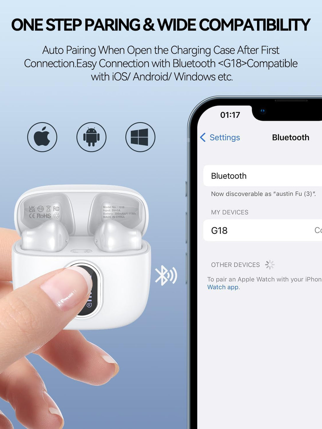 Wireless Earbuds Bluetooth 5.3 Headphones 42 Hrs Playtime with LED Display, Hifi Stereo Wireless Earphones with 4 ENC Noise Cancelling Mics, IPX7 Waterproof Ear Buds for Ios and Andorid White