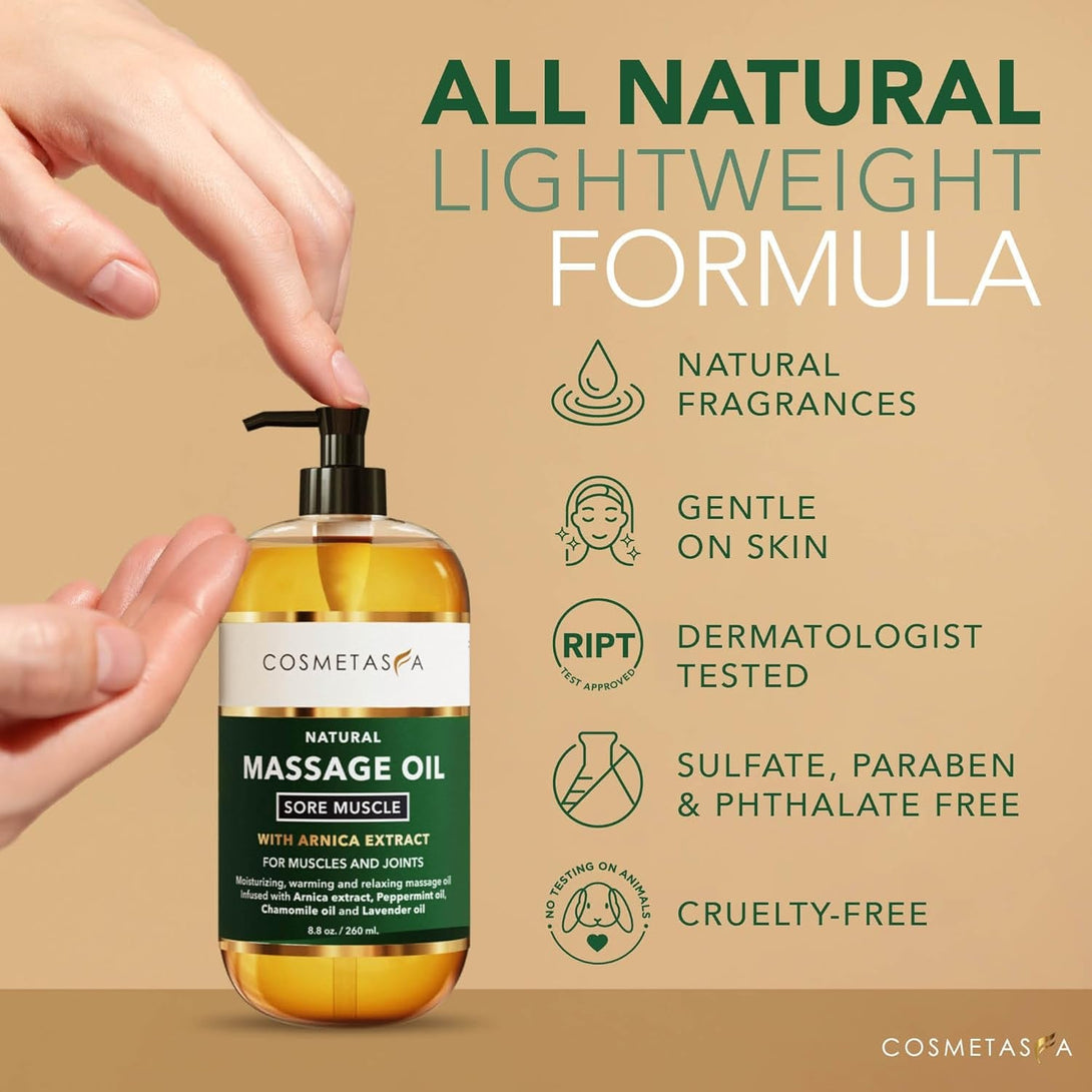 Cosmetasa Massage Oil for Sore Muscles with Roller Ball - Soothes Joints & Muscles with Arnica, Lavender Oil, Peppermint Oil & Chamomile Extract, Unisex