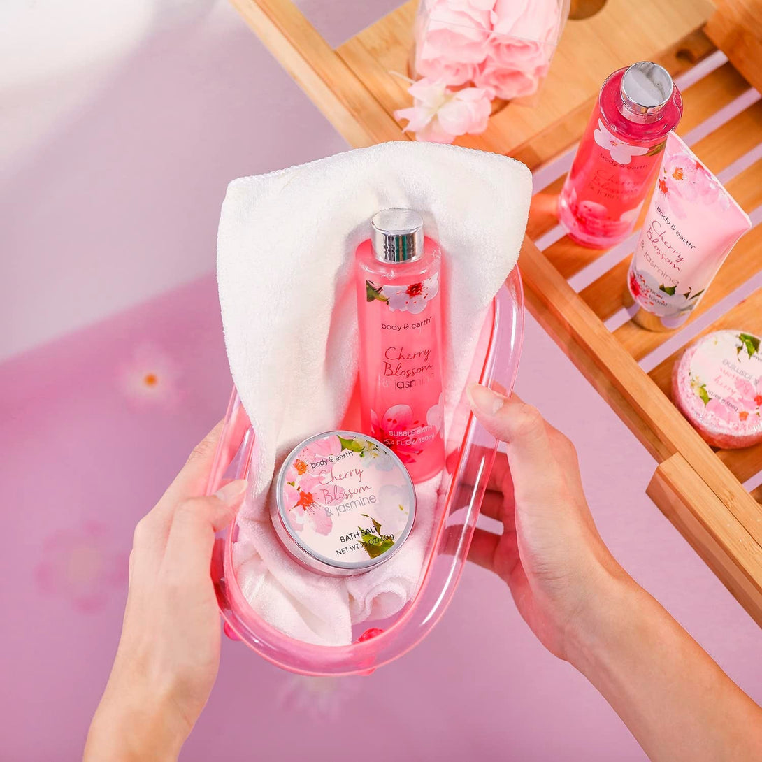 Gift Baskets for Women Body & Earth Bath and Body Gift Set for Her, Cherry Blossom & Jasmine Spa Gifts for Women Mothers Day Gift for Her, Regalos Para Mujer