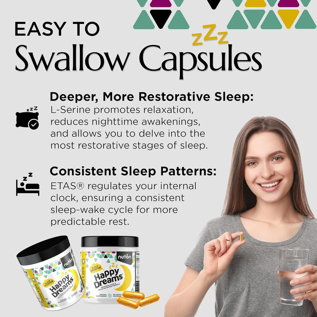 Nuton Happy Dreams Sleep Supplement - Natural Sleep Aids for Adults, Time Release Melatonin, ETAS Asparagus & Venetron Extract, Rest Support Supplement, Natural Aid for Adults, 60 Veggie Capsules