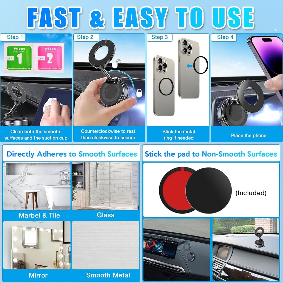 360° Vacuum Suction Cup Magnetic Phone Holder,2025 Foldable and Adjustable Magnetic Suction Phone Mount for Magsafe All Phones Universal Rotatable Cellphone Holder Stand for Car/Mirror/Smooth Surface