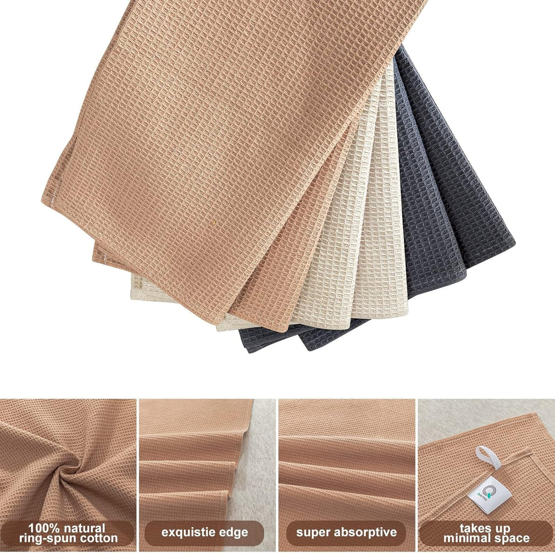 QUILTINA Dish Towels Set,100% Cotton Waffle Weave Kitchen Towels 6 Pack,17 X 25 Inches Dish Towels for Kitchen,Super Absorbent for Drying and Cleaning (Beige, Brown, Dark Grey)