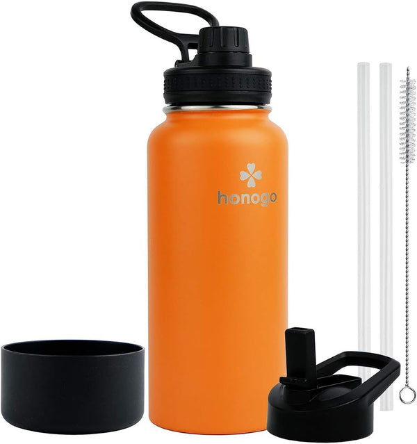 32 Oz Powder Coated Double Wall Vacuum Insulated Sports Water Bottle, 18/8 Stainless Steel Wide Mouth Thermal Flask with Straw Lid & Spout Lid, Leak Proof, Sweat Free, BPA Free (Orange, 32 Oz)