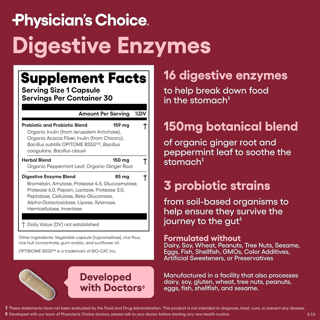 Physician'S CHOICE Digestive Enzymes - Multi Enzymes, Bromelain, Organic Prebiotics & Probiotics for Digestive Health & Gut Health - Bloating & Meal Time Discomfort - Dual Action - All Diets - 30 CT