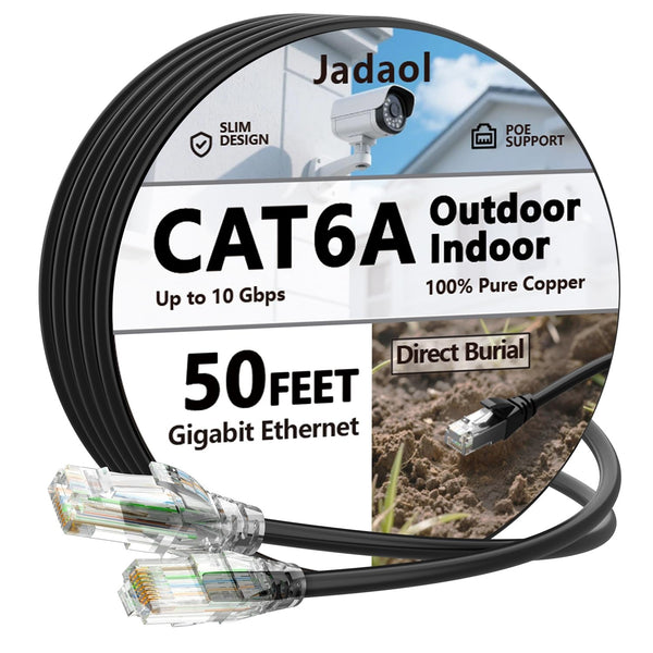 Jadaol Cat6A Ethernet Cable 50 Ft Slim, Outdoor&Indoor 10Gbps 550Mhz, Snagless 28AWG Pure Copper Network Cable for Waterproof&Direct Burial, Flexible LAN Cable for Router, Modem, Switch, Gaming, Black