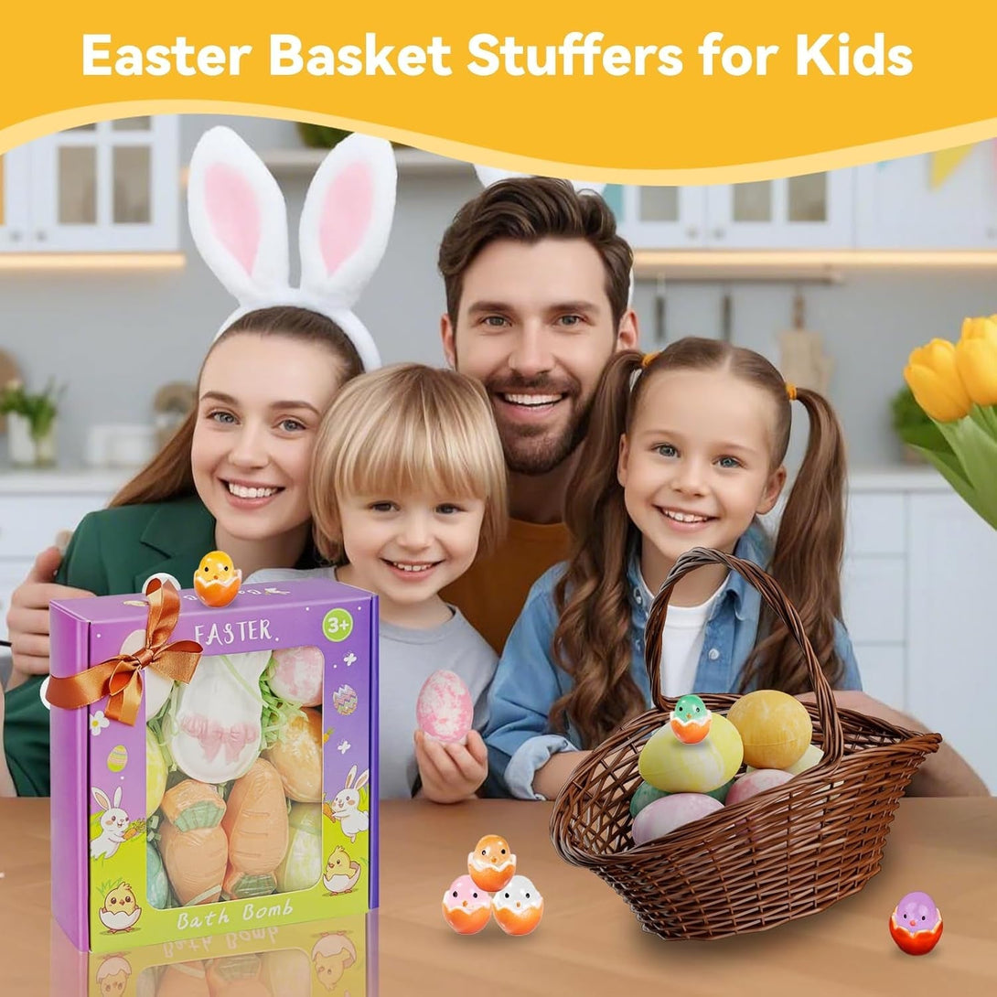 Easter Bath Bombs with Surprise Inside: 9 Pcs Natural Organic Egg Bunny Shaped Basket Stuffers for Kids Girls Boys Bubble Bathbombs Fruit Scented Spa Birthday Gift Set Party Favors Children Prize