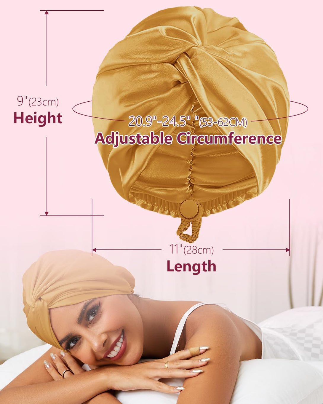 Adjustable Silk Satin Hair Bonnet for Sleeping, Double Layer Hair Wrap Sleep Cap Turban for Women Men, Curly Straight Long Large Braid Unisex (Golden Yellow 59)