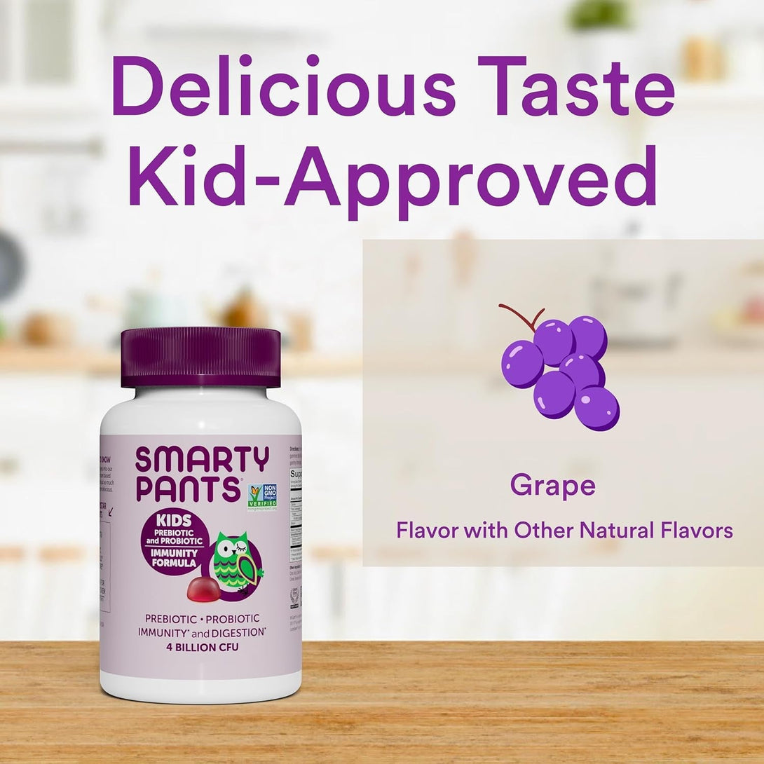 Smartypants Kids Probiotic Immunity Gummies: Prebiotics & Probiotics for Digestive Health and Immune Support Supplement, Gluten Free, Vegan, Grape Flavor, 60 Count (30 Day Supply)