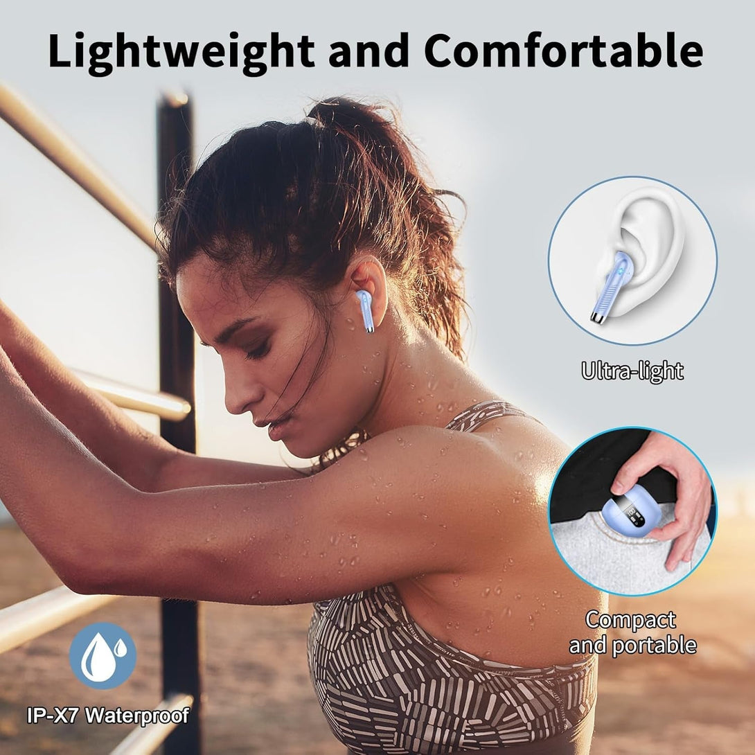 Wireless Earbuds, Bluetooth Headphones V5.4 Stereo Bass Ear Buds with ENC Noise Cancelling Mics,56H Bluetooth Earbuds with LED Display Charging Case, IP7 Waterproof Earphones for Android Ios