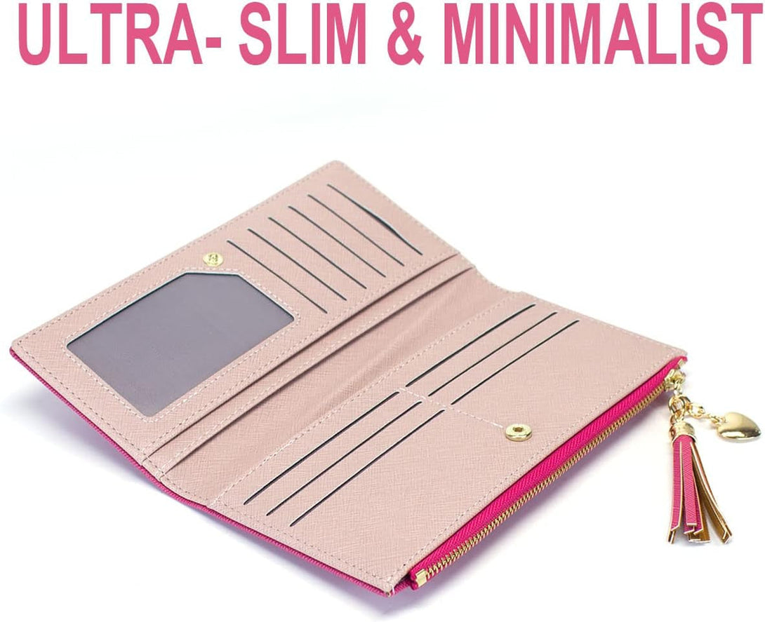 Womens Wallet Cute Elegant Long Slim Card Holder Case Minimalist Coin Purse Thin Tassels Zip Clutch Wallets for Girls Ladies