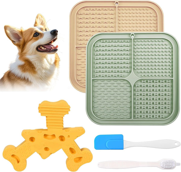 2Pcs Silicone Dog Lick Mat & Nylon Cheese Flavor Dog Chew Toys, Pet Slow Feeder Licking Mat for Butter Yogurt Peanut, Anxiety Relief Pet Supplies for Puppy Cat Kitten