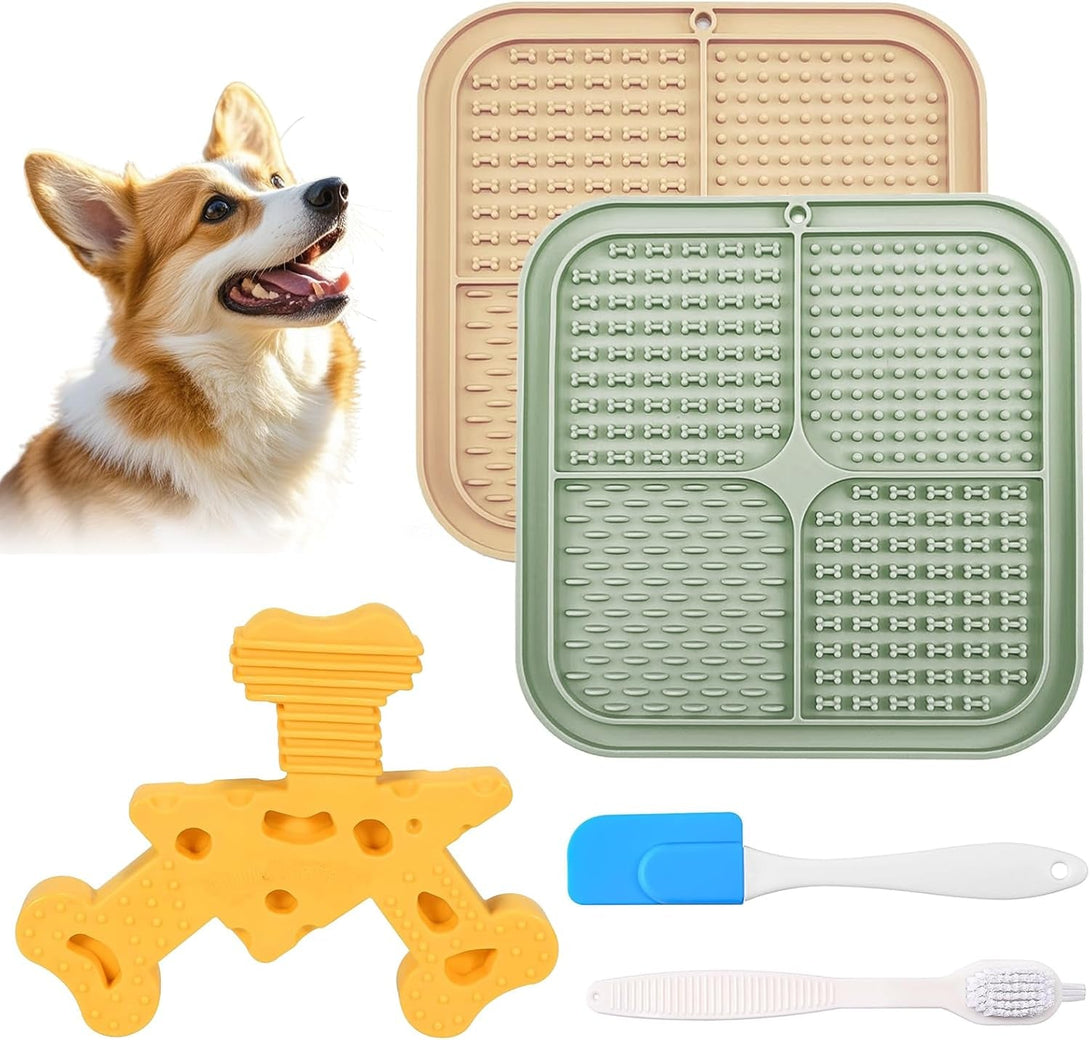 2Pcs Silicone Dog Lick Mat & Nylon Cheese Flavor Dog Chew Toys, Pet Slow Feeder Licking Mat for Butter Yogurt Peanut, Anxiety Relief Pet Supplies for Puppy Cat Kitten