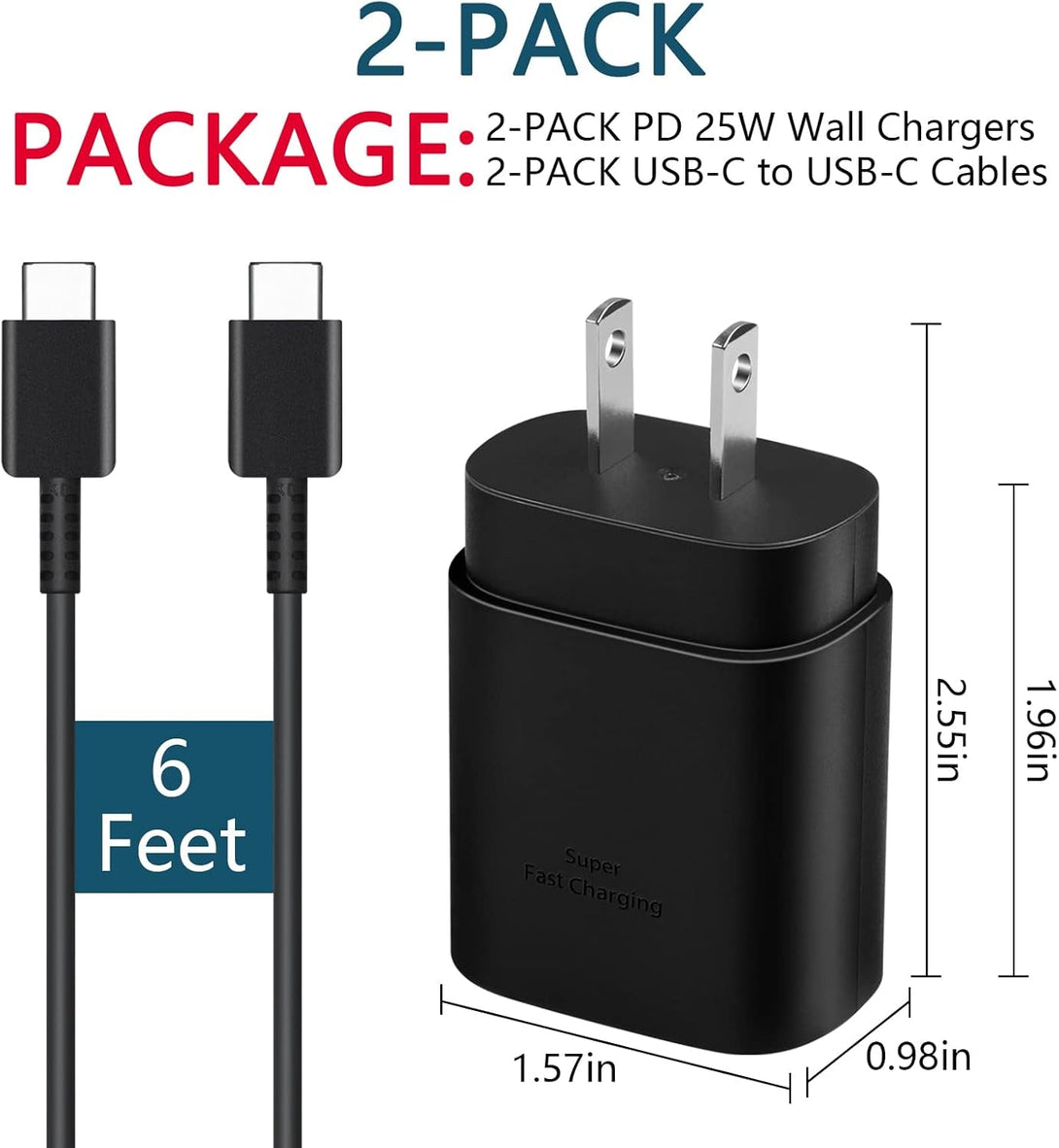 2 Pack USB C Charger, 25W Type C Fast Charging with USB-C Charger Cable 6FT Android Phone Charge for Galaxy S24 Ultra/S23+/S22/S21/S20/Phone 16 15 Pro Max 16 15 Plus
