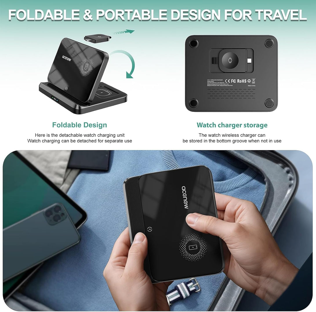 3 in 1 Wireless Charging Station for Multiple Devices Apple, Foldable Wireless Charger, Mag-Safe Charger Phone and Watch Charger, Compatible for Phone 13/14/15 Pro Max/Apple Watch/Airpods
