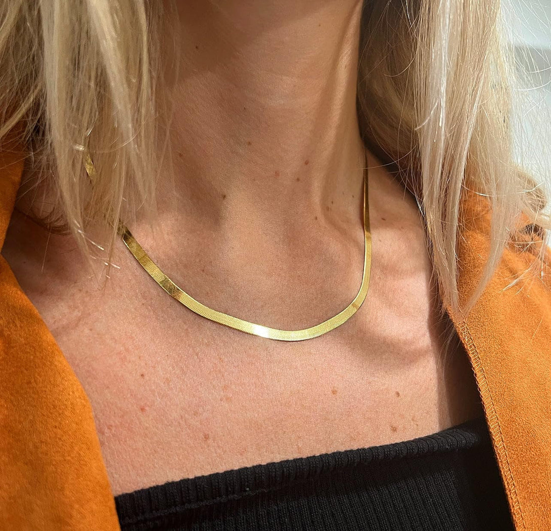 CHESKY Gold Necklace for Women-14K Plated Sterling Silver Snake Chain Necklace Dainty Simple Chunky Herringbone Necklace Choker Necklaces Jewelry for Women
