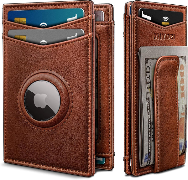Airtag Wallet for Men- with Money Clip Gift Boxed, Magnetic Closure Slim Genuine Leather Front Pocket Wallet, 3.9"X 2.7", RFID Blocking